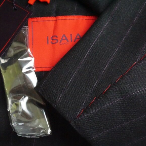 Isaia Charcoal Gray Purple Pinstriped Wool 2 Pc Suit Jacket Pants 42R BRAND NEW - Picture 1 of 11